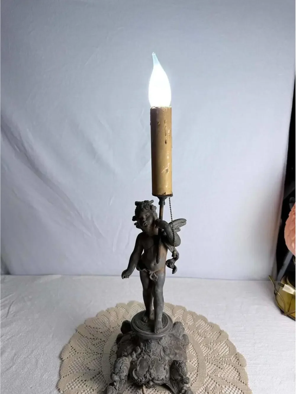 Vintage Cherub Putti Figural Table Lamp Original Finish Beautiful Aged Patina